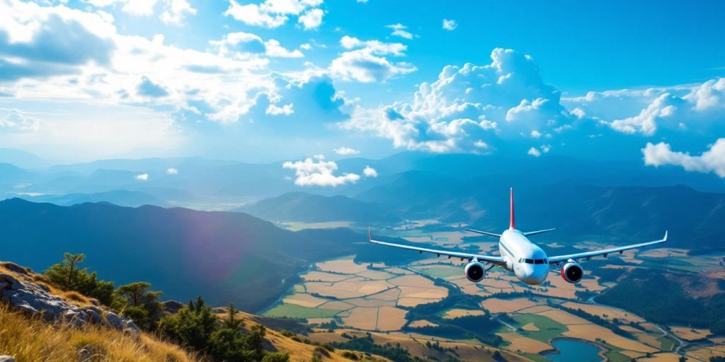 Avião voando sobre uma paisagem bonita.