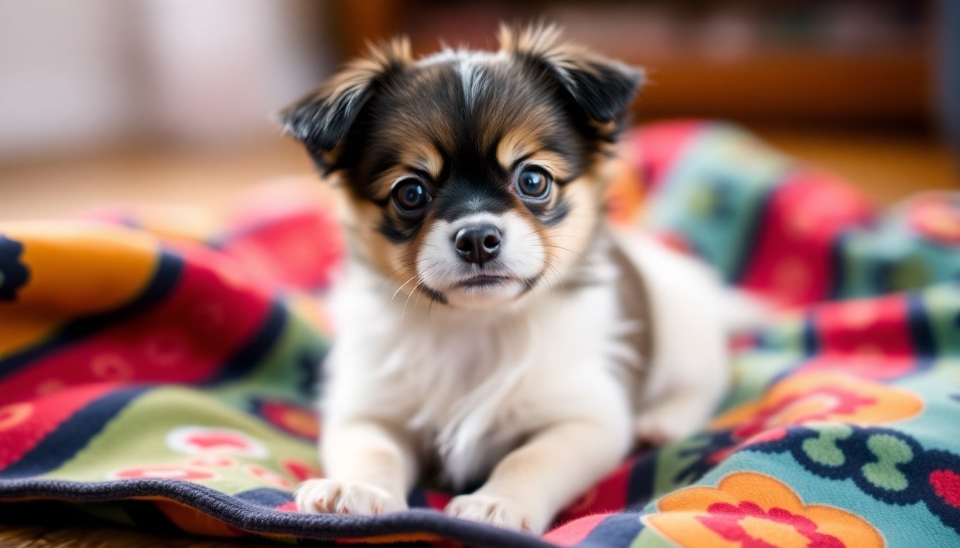 Adorable small dog on a colorful blanket.