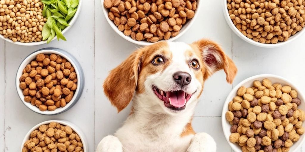 Várias rações para cachorro em tigelas coloridas.