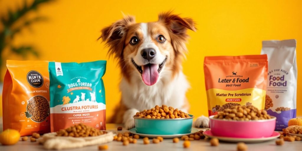 Várias rações para cachorro em embalagens coloridas.