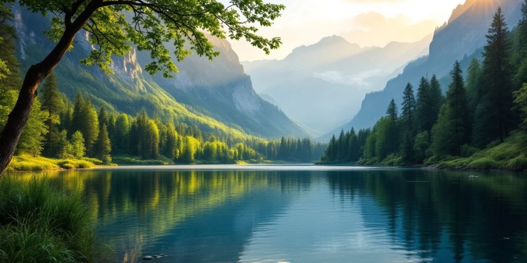 Paisagem serena com lago e árvores verdes.