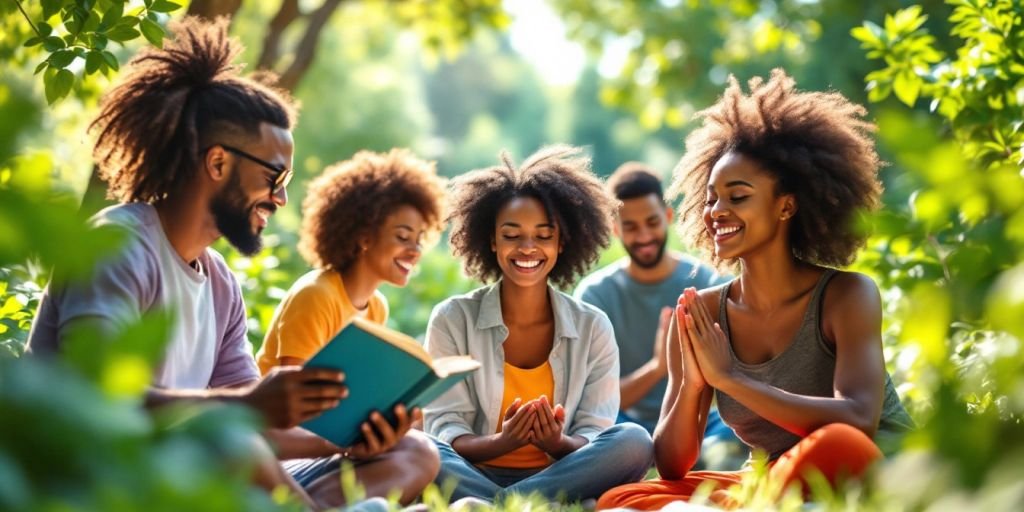 Grupo de pessoas se desenvolvendo em ambiente natural.