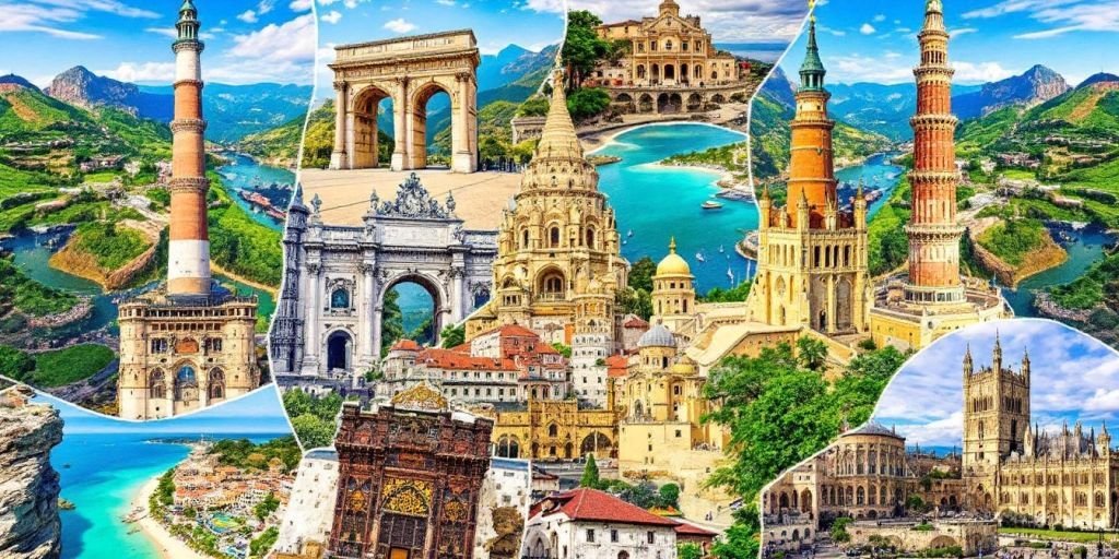Colagem de destinos turísticos imperdíveis para visitar em 2024.