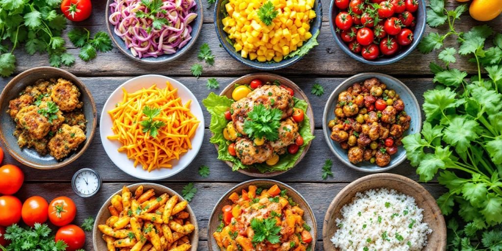 Conjunto de 15 pratos saborosos e coloridos.