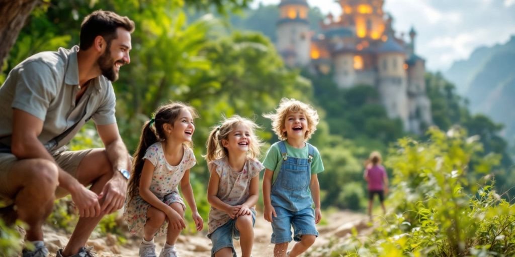 Família se divertindo em destinos de aventura ao ar livre.