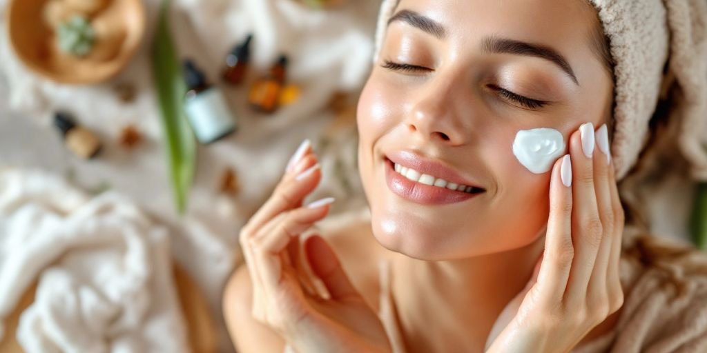Mulher aplicando hidratante no rosto com produtos naturais.