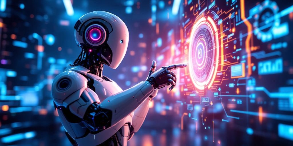 Cena futurista com robô e tecnologia avançada.