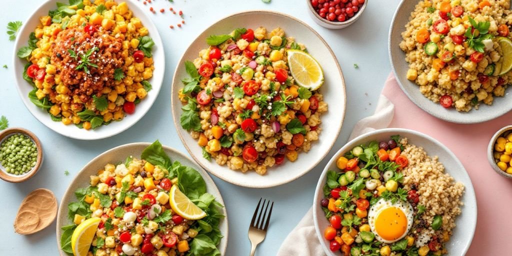 Cinco pratos veganos coloridos e apetitosos.