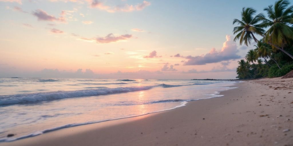 Praia tranquila ao pôr do sol com palmeiras.