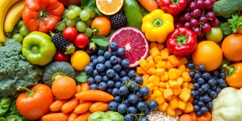 Frutas e vegetais orgânicos coloridos e frescos.