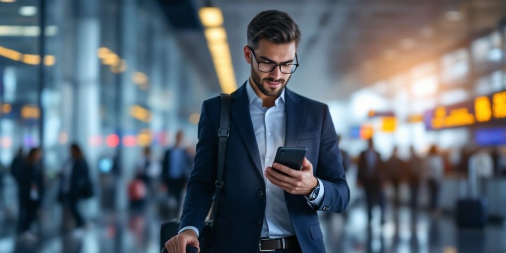 Viajante de negócios em aeroporto moderno com mala.