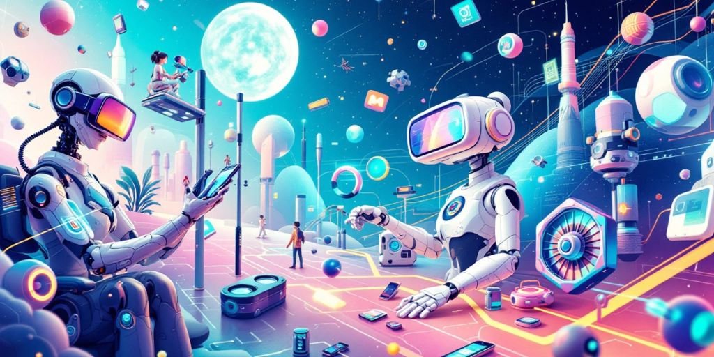 Imagem de tecnologia futurística com gadgets e robôs.