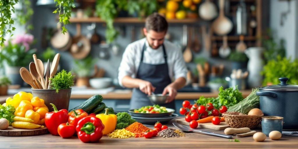 Cozinheiro preparando pratos com ingredientes frescos.