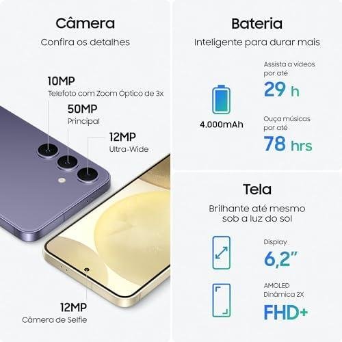         Smartphone Samsung Galaxy S24, Galaxy AI, Selfie de 12MP, Tela de 6.2